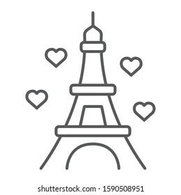 Eiffel thin line icon, valentine and holiday, france sign, vector graphics, a linear pattern on a white background, eps 10