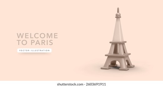 Eiffel Tower in 3D realistic style. Metal monument isolated on light background. Vector illustration