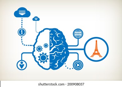 Eiffel tower and abstract human brain, the concept of the information movement