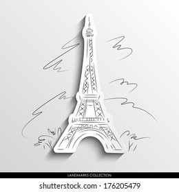 Eiffel Tower abstract silhouette on white paper background. 