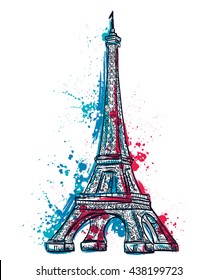 Eiffel Tower with abstract splashes in watercolor style. Colorful hand drawn vector illustration