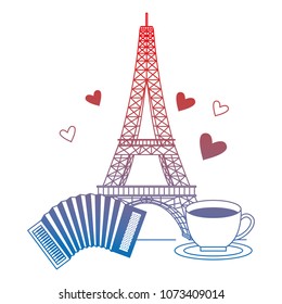 eiffel tower with accordion and coffee cup