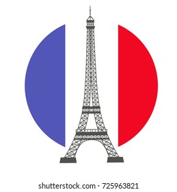 Eiffel tower against a circle of colors of the French flag flat style vector illustration. 
Symbols of France on white background.