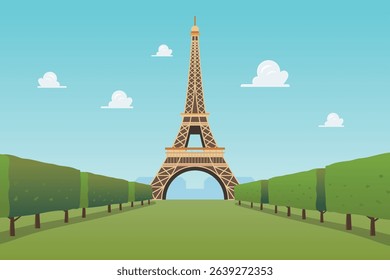 Eiffel tower against the sky. Eiffel tower with trees. Vector illustration