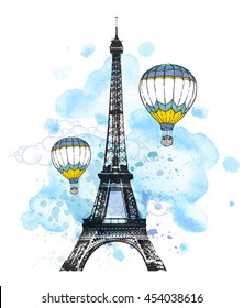 Eiffel Tower and air balloons on a blue watercolor background. 