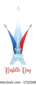 Eiffel tower   airplanes and French national flag  Bastille Day design template  Hand drawn vector sketch illustration