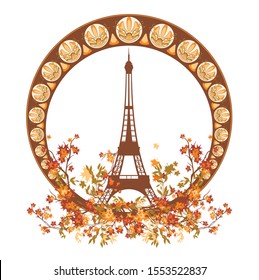 eiffel tower among autumn tree branches inside art nouveau style circle frame - fall season in Paris vector design