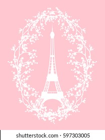 eiffel tower among blooming tree branches - spring season in Paris vector silhouette design .