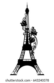 eiffel tower among rose flowers and butterfly - black vector silhouette of french capital symbol