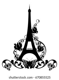 eiffel tower among rose flowers and butterflies - black vector silhouette