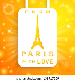 Eiffel tower applique background. Vector illustration for your shining romantic French design. White paper cutout with Paris sign on magic orange background. From Paris with love.