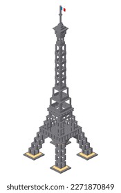 Eiffel tower assembled from plastic blocks in isometric style for print and design. Vector illustration.