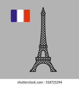 Eiffel Tower. Attraction of Paris. Vector illustration. Fflag of France on gray background. 