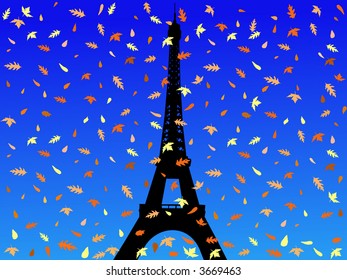 Torre Eiffel no outono com folhas caindo