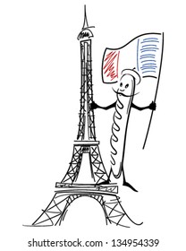 Eiffel Tower and a baguette with flag vector illustration