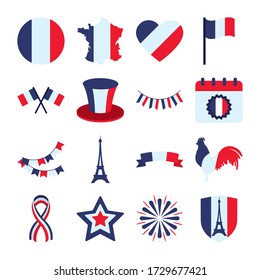 eiffel tower and bastille day icon set over white background, flat style, vector illustration