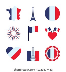 eiffel tower and bastille day icon set over white background, flat style, vector illustration