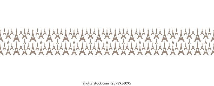 Eiffel Tower. Beige metal towers. Famous landmark of Paris. Seamless long horizontal border. Repeating vector pattern. Isolated colorless background. Metal construction with a spire at the end.