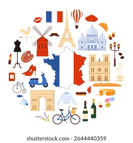 Eiffel Tower and beret of Frenchman, croissant and cheese, scooter cartoon vector illustration. French culture elements and landmarks, flag and map of France, food menu in round infographic banner