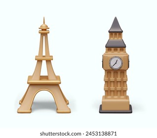 Eiffelturm und Big Ben. Realistische architektonische Denkmäler auf weißem Hintergrund