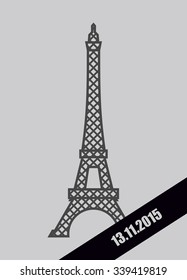 Eiffel Tower black Mourning Ribbon  November 13  2015  Grief for dead   act terrorism in France 