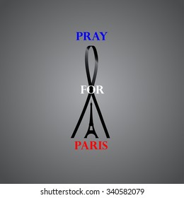 Eiffel tower with black ribbon and text Pray for Paris at gray background. Vector illustration.