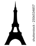 Eiffel Tower. Black silhouette in the shape of the letter A. Paris landmark. Vector illustration. Outline on isolated background. Metal construction with a spire on the end. Idea for web design.