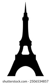 Eiffel Tower. Black silhouette in the shape of the letter A. Paris landmark. Vector illustration. Outline on isolated background. Metal construction with a spire on the end. Idea for web design.