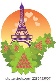 Eiffel tower and blooming pink chestnut trees representing the romance of spring in Paris.Vector drawing