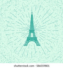 Eiffel Tower. Blue silhouette. Vintage vector illustration. Grunge texture. Rays on green background.
