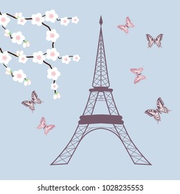 Eiffel Tower with branch sakura and butterflies on a blue background. Template for postcards, albums. Vector illustration.