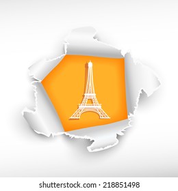 Eiffel tower and breakthrough paper hole with ragged edges with a space for your message.
