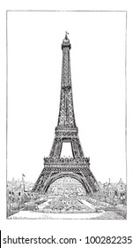 Eiffel Tower, brought up by the engineer Gustave Eiffel, vintage engraved illustration. Dictionary of words and things - Larive and Fleury - 1895.