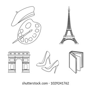 Eiffel tower, brush, hat .France country set collection icons in outline style vector symbol stock illustration web.