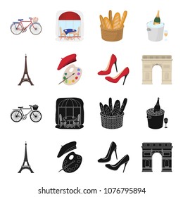 Eiffel tower, brush, hat .France country set collection icons in black,cartoon style vector symbol stock illustration web.