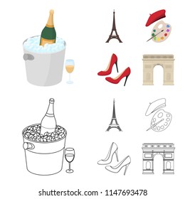 Eiffel tower, brush, hat .France country set collection icons in cartoon,outline style vector symbol stock illustration web.