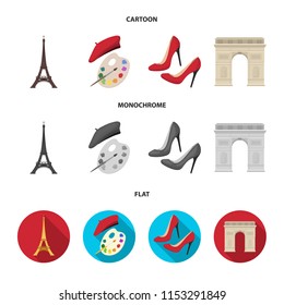 Eiffel tower, brush, hat .France country set collection icons in cartoon,flat,monochrome style vector symbol stock illustration web.