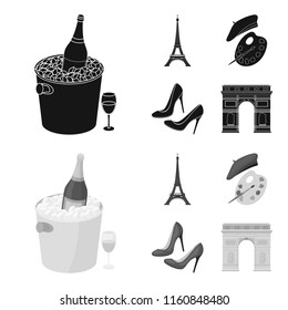 Eiffel tower, brush, hat .France country set collection icons in black,monochrome style vector symbol stock illustration web.