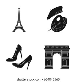 Eiffel tower, brush, hat .France country set collection icons in black style vector symbol stock illustration web.