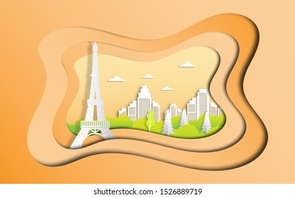 Eiffel tower with building and trees background in paper art style design vector illustration 