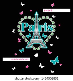 Eiffel tower and butterfly with heart tshirt design vector art