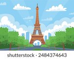 Eiffel Tower in capital of France. Tourism trip. Eiffel tower with trees. Cartoon flat style.