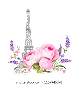 The Eiffel tower card. Eiffel tower simbol with spring blooming flowers over white background. Vector illustration.