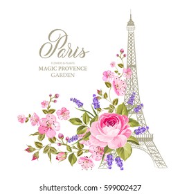 The Eiffel tower card. Eiffel tower simbol with spring blooming flowers over white background. Vector illustration.