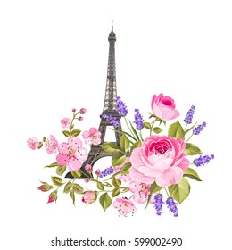 The Eiffel tower card. Eiffel tower simbol with spring blooming flowers over white background. Vector illustration.