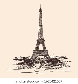 The Eiffel Tower in the center of Paris, a recognizable architectural landmark. Simple pencil hand sketch on a beige background.