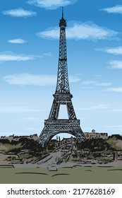 The Eiffel Tower in the center of Paris, a recognizable architectural landmark. Color pencil hand sketch