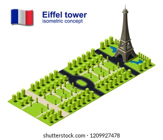 Eiffel Tower and Champ de Mars in Paris isometric illustration.