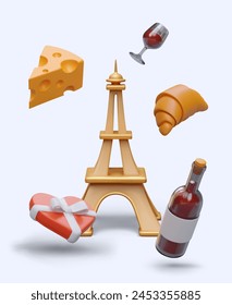 Eiffel Tower, cheese, glass of wine, croissant, box of sweets, bottle of alcohol