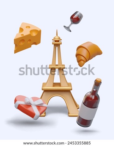 Eiffel Tower, cheese, glass of wine, croissant, box of sweets, bottle of alcohol